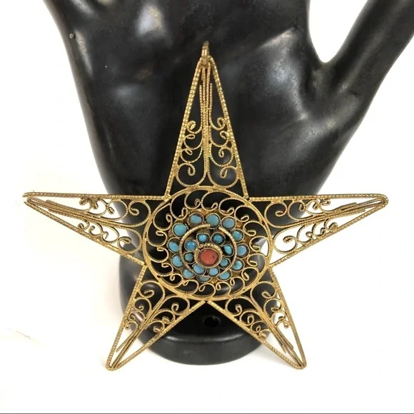 Rare star turquoise coral vintage pendant gold filigree